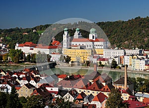 View To The St. Stephan Cathedral At The River Inn In Passau Germany On A Beautiful Sunny Autumn Day