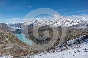 View to Stausee lake near Saas Fee in the southern Swiss Alps fr