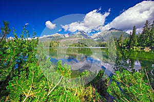 Pohľad na Štrbské pleso vo Vysokých Tatrách počas leta, Slovensko