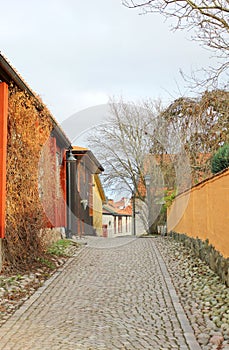 The view to the street of historical center in Vasteras city