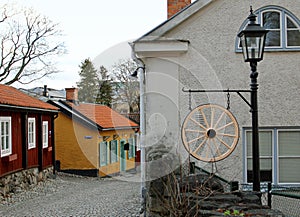 The view to the street of historical center in Vasteras city