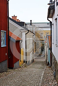 The view to the street of historical center in Vasteras city