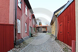 The view to the street of historical center in Vasteras city