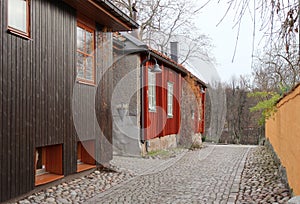 The view to the street in the old district of Vasteras city