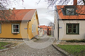 The view to the street in the old district of Vasteras city