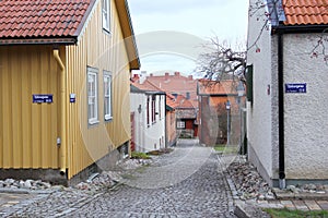 The view to the street in the old district of Vasteras city