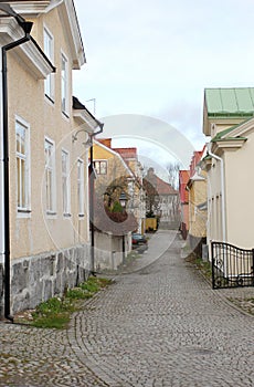 The view to the street in the old district of Vasteras city