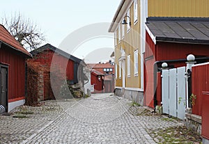 The view to the street in the old district of Vasteras city