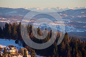 View to Tatra mountains from Beskidy, Poland