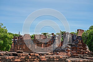 View to temple bricks wall remains of ruins old Siam capital Ayutthaya,the historical about religious architecture of Thailand