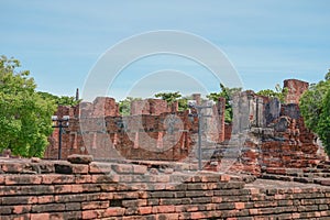 View to temple bricks wall remains of ruins old Siam capital Ayutthaya,the historical about religious architecture of Thailand