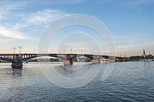 View to Theodor Heuss bridge in Mainz in sunset mood