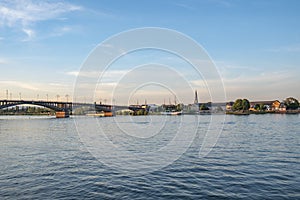 View to Theodor Heuss bridge in Mainz in sunset mood