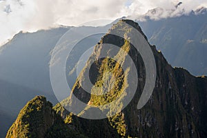 View to top of Huayna Picchu with terraces, Machu Picchu - Peru