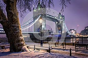 View to the Tower Bridge of London on a cold winter evening