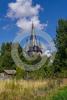 View to tower called Junker Hansen tower in the german city called Neustadt Hessen. photo