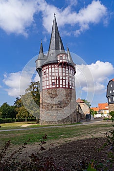 View to tower called Junker Hansen tower in the german city called Neustadt Hessen.