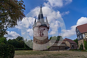 View to tower called Junker Hansen tower in the german city called Neustadt Hessen.