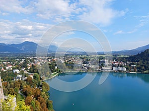 view to the town Bled and mountains from Bled castle. Slovenia