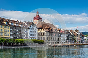 View to the Town Hall over the Reuss river in Lucerne, Switzerland