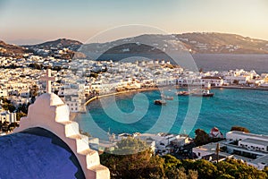 View to the towns cape and old port of Mykonos island, Greece