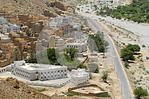 View to the traditional colorful buildings in Wadi Doan, Yemen.