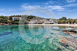 View to the traditional fishing village Katigiorgis on south Pelion mountain