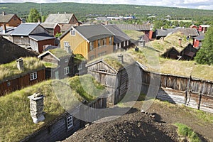 View to the traditional houses of the copper mines town of Roros, Norway.