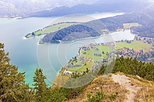 View to turquoise mountain lake walchensee in the bavarian alps photo