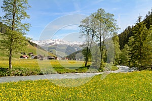 View to Tuxertal valley with Tux river and Zillertal alps near village Juns and Hintertux glacier in summer, Tirol Austria Europe