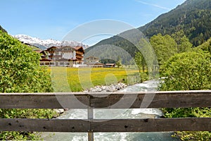 View to Tuxertal valley with Tux river and Zillertal alps near village Juns and Hintertux glacier in summer, Tirol Austria Europe