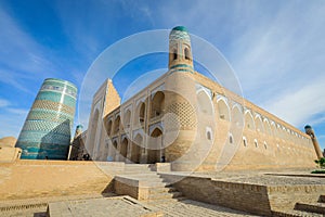 View to the unfinished Kalta Minor Minaret with Blue Mosaic Walls, which is built by Mohammed Amin Khan, in Khiva