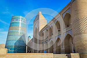 View to the unfinished Kalta Minor Minaret with Blue Mosaic Walls, which is built by Mohammed Amin Khan, in Khiva