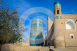 View to the unfinished Kalta Minor Minaret with Blue Mosaic Walls, which is built by Mohammed Amin Khan, in Khiva