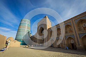 View to the unfinished Kalta Minor Minaret with Blue Mosaic Walls, which is built by Mohammed Amin Khan, in Khiva