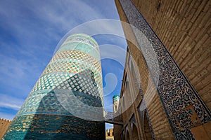 View to the unfinished Kalta Minor Minaret with Blue Mosaic Walls, which is built by Mohammed Amin Khan, in Khiva