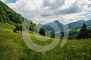 View to Velky Rozsutec, Maly Rozsutec and Stoh hills from sedlo Proslop in Mala Fatra mountains in Slovakia