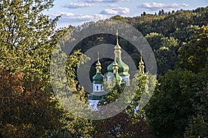 View to the Vydubychi monastery from the Kyiv Botanical Garden