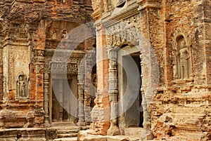 View to the wall carving at the ruins of the Preah Ko Temple in Siem Reap, Cambodia.