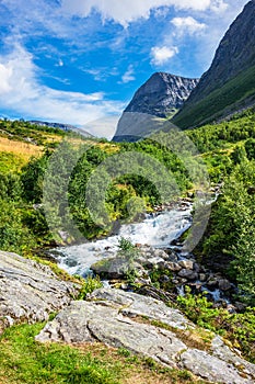 View to the waterfall Storseterfossen in Norway