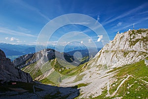 View to the world's steepest cogwheel railway and Swiss Alps fro