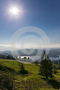 View to Zugersee ans Swiss Alps from Zugerberg, Switzerland