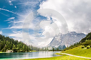View to Zugspitze mountain from Seeben lake