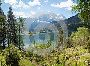 view to Zugspitze mountain, Wetterstein alps, spring landscape lake Eibsee