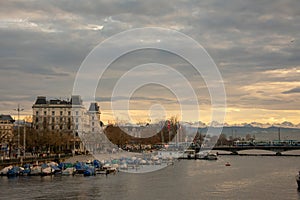 View to Zurich city harbour during susnet