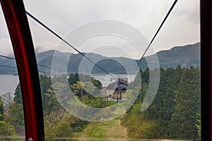 View of Togendai Station at Lake Ashi from cable car window