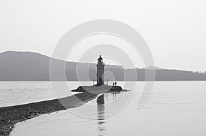 A View of Tokarevskiy Lighthouse in Vladivostok, Russia. Black and White.