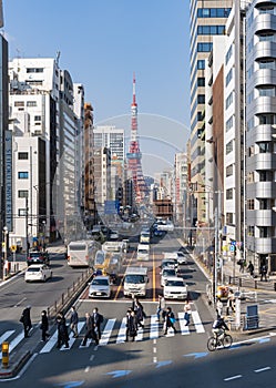 View of Tokyo Tower and a busy street in Japan