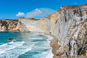 The view from the top of Chiaia di Luna beach in the Ponza island, Lazio, Italy. The beach is closed, due to falling rocks