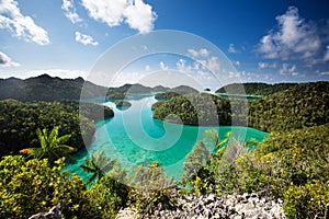 View from the top of the cliff at remote archipelago Pulau Wayag, Raja Ampat, Indonesia